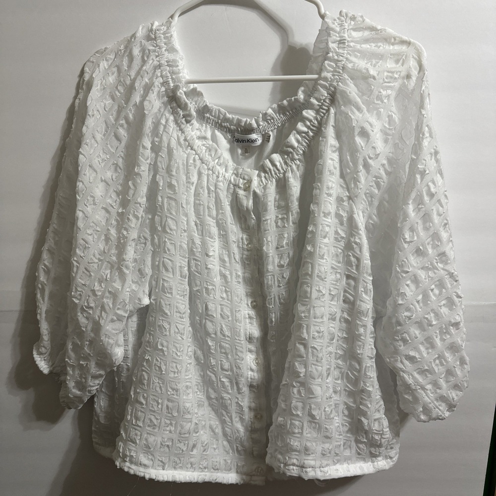 Calvin Klein Women's Boho Peasant Top Size XL White Scoop Neck 3/4 Sleeve White